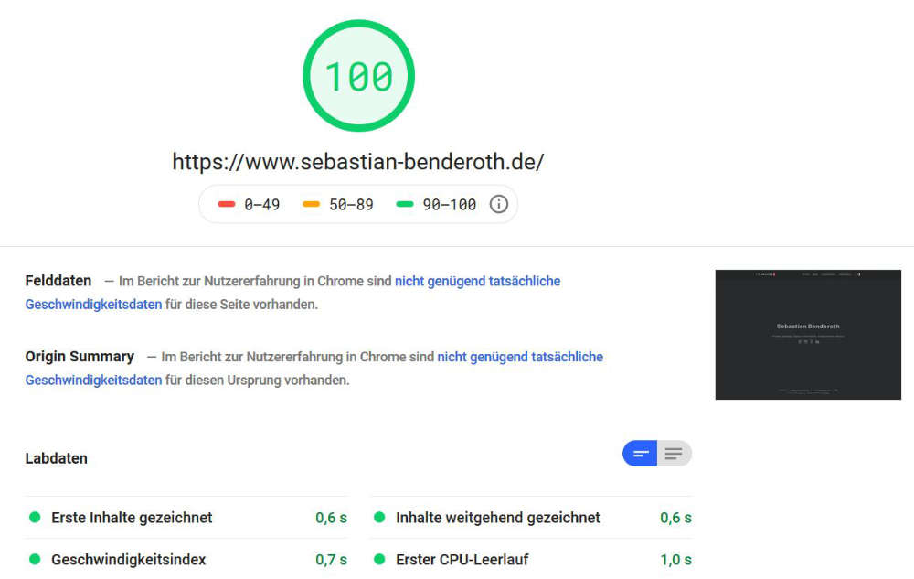 privater Blog mit schönem Score bei PageSpeed